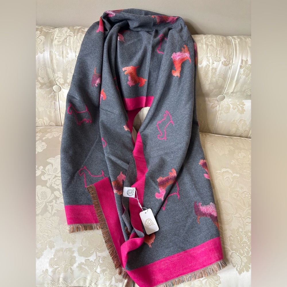 NWT Terrier Dog Shawl Scarf 78”x26” Grey Pink Coral SOFT